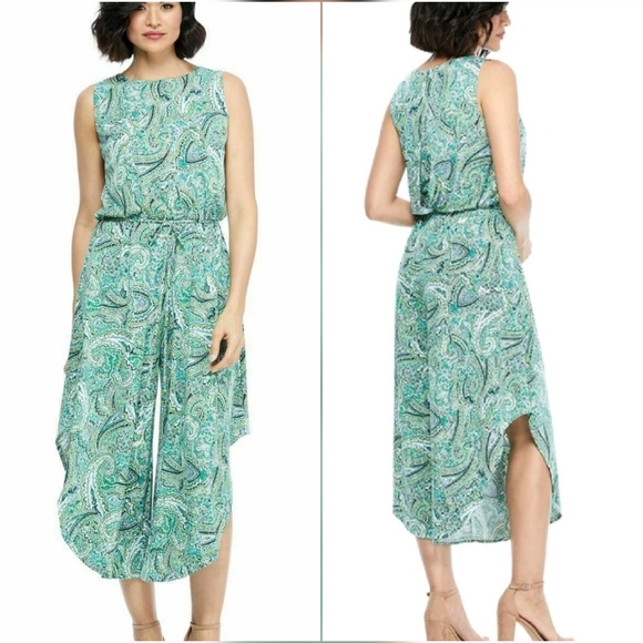 London Times New Gwynnie Jumpsuit Paisley Jersey Crop Asymmetrical Leg SZ 10 - Picture 2 of 9